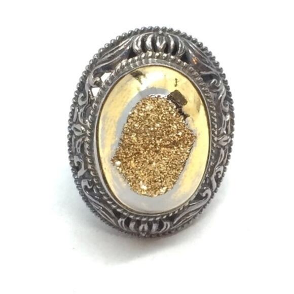 🌹 Vintage Heavy Gold Druzy Stone 925 Sterling Silver Chunky Oxidized Ring - Picture 3 of 11
